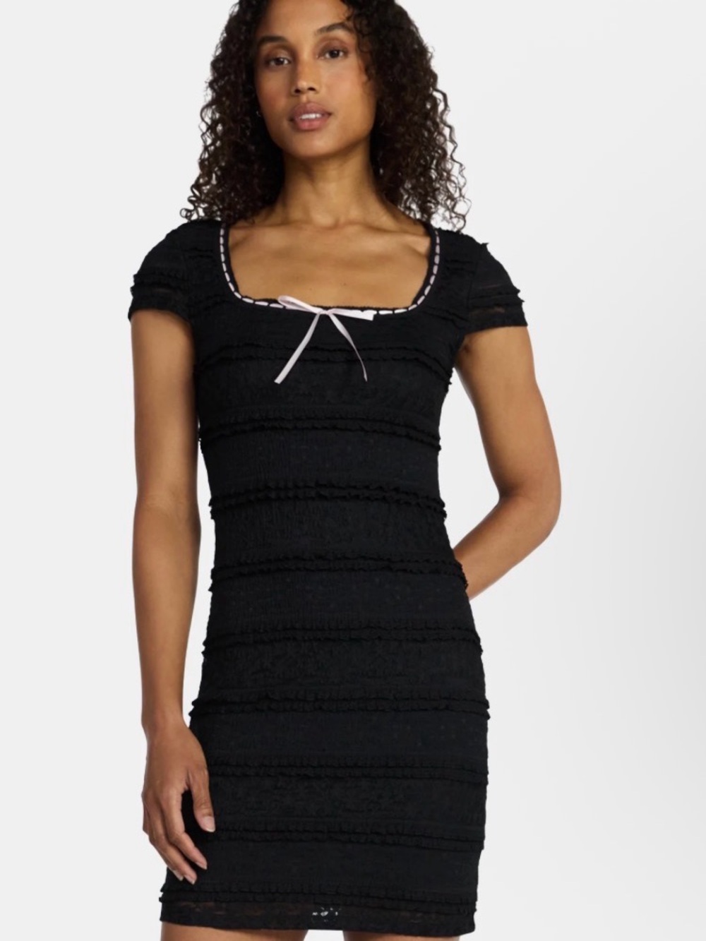 Black Square-Neck Short Sleeve Ruched Mini Dress pink bow
